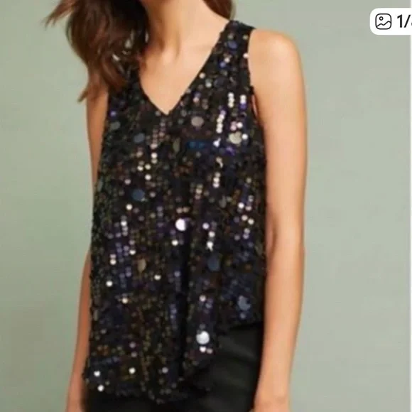 Anthropologie Moulinette Soeurs Black Sequin Shimmer Sleeveless V-Neck Top Sz 6 - Picture 3 of 10